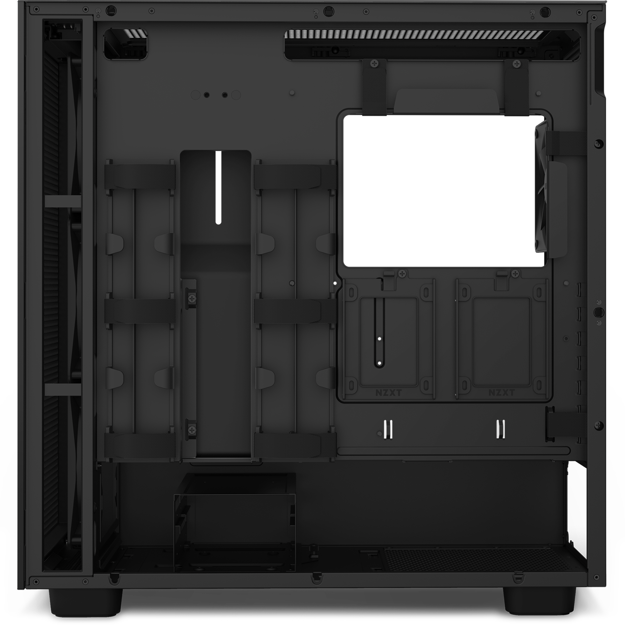 The NZXT H7 Flow RGB (2023) is a black computer case with a spacious interior, cable management, drive bays, mounting points, an open motherboard tray, and vertical GPU support for enhanced style and cooling.