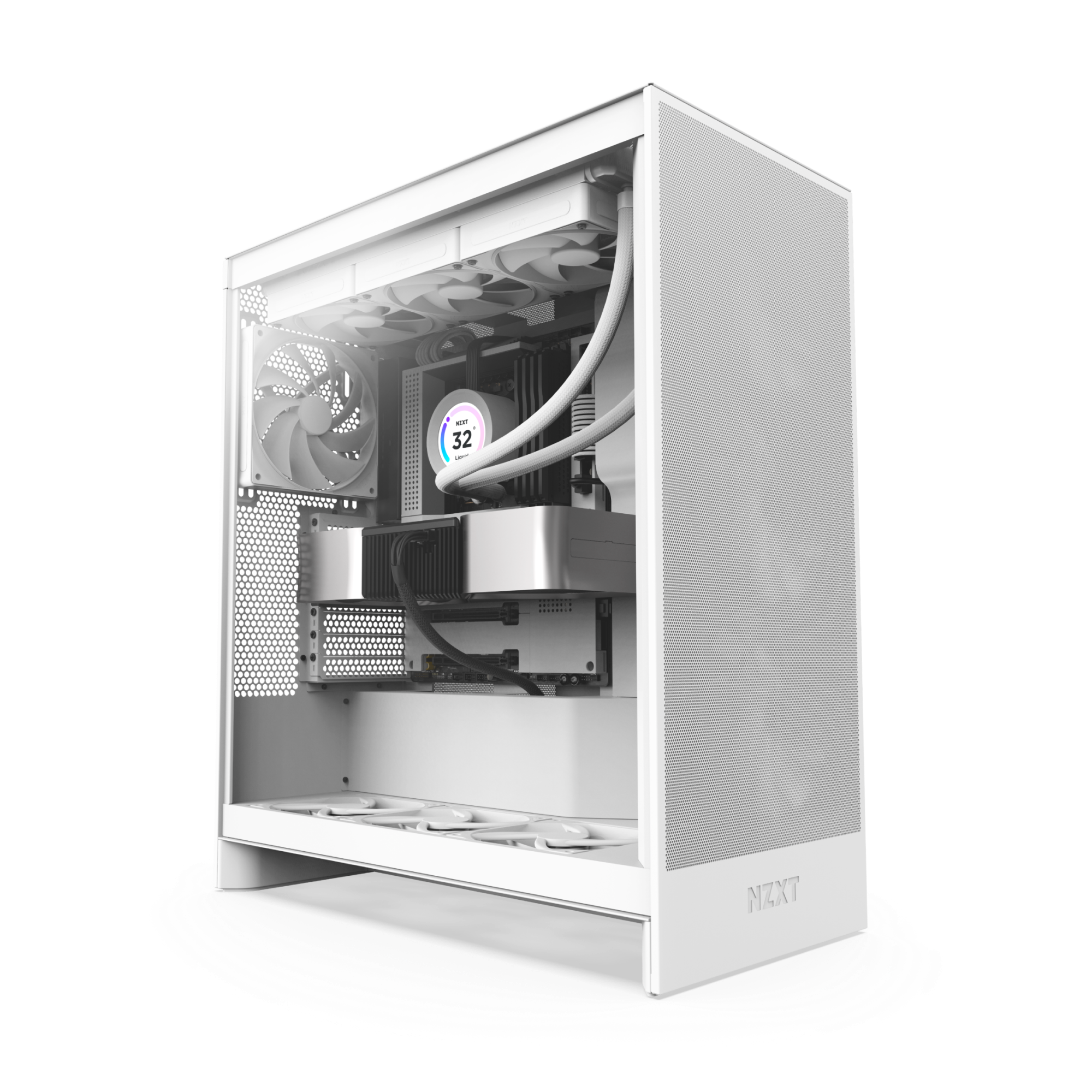 The NZXT H7 Flow is a white mid-tower PC case with a transparent side panel, showcasing neatly organized internal components such as GPU cooling, a graphics card, and fans.