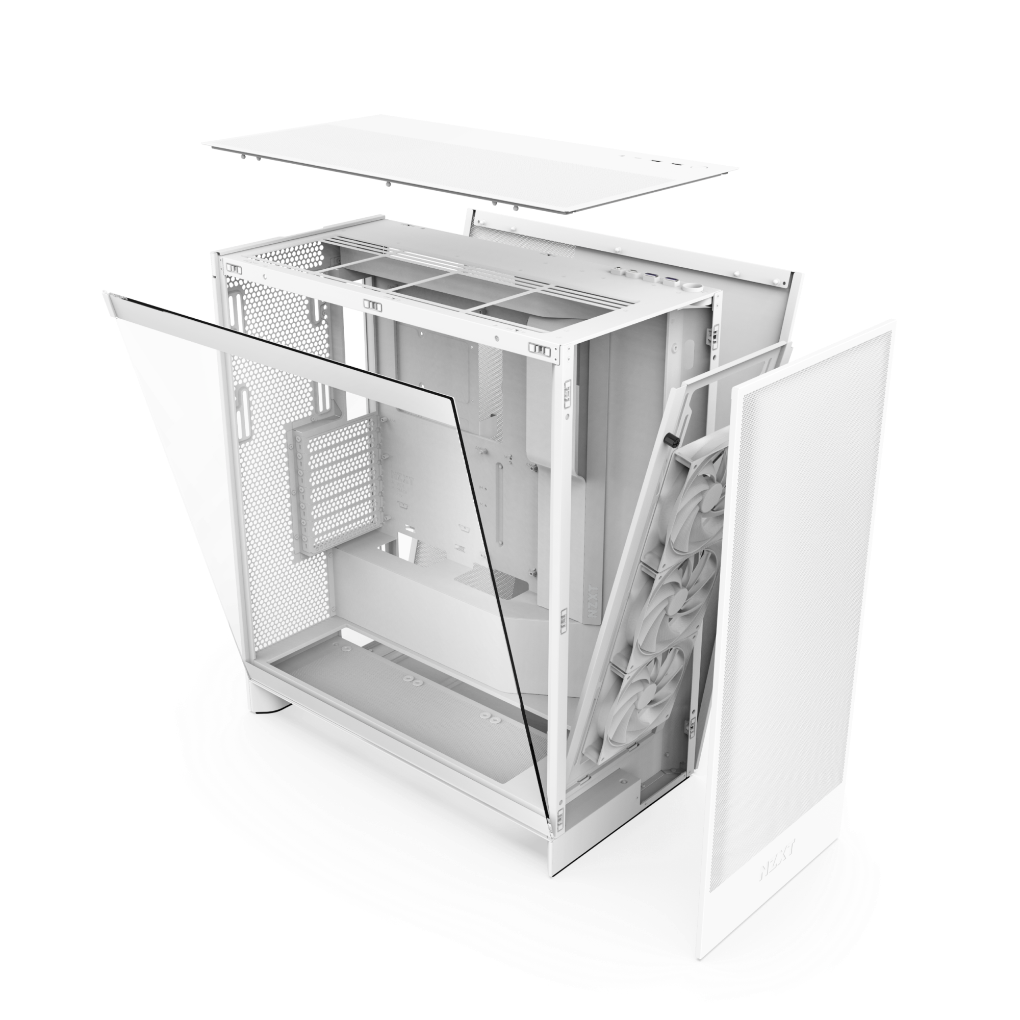 The NZXT H7 Flow is a white mid-tower case with its side, front, and top panels removed to reveal the internal layout and optimized airflow pathways that enhance GPU cooling within the chassis.
