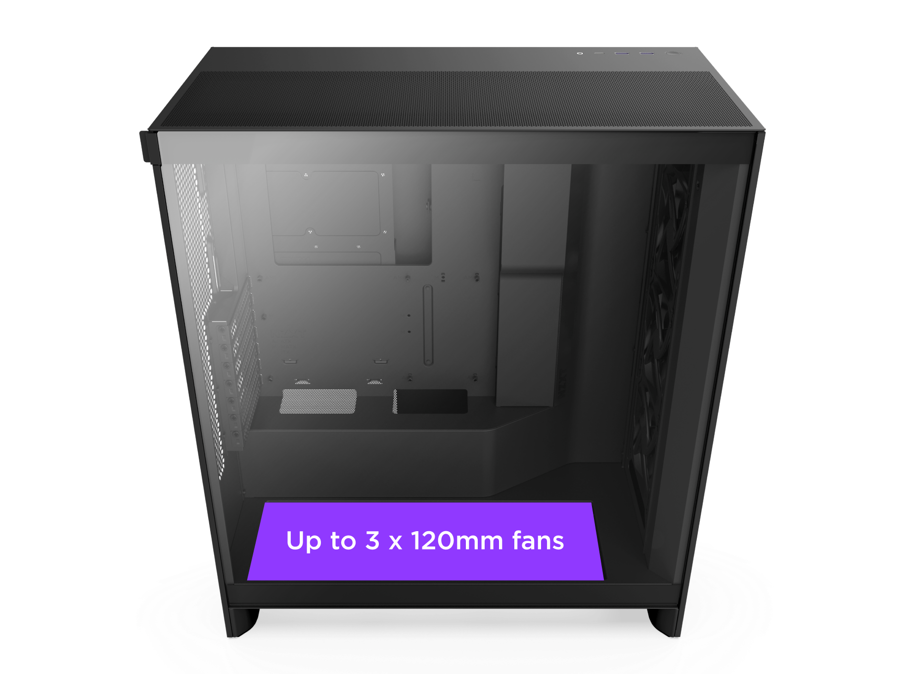 A black PC case with a transparent side panel displays an interior space labeled Up to 3 x 120mm fans in a purple box near the bottom of the case.