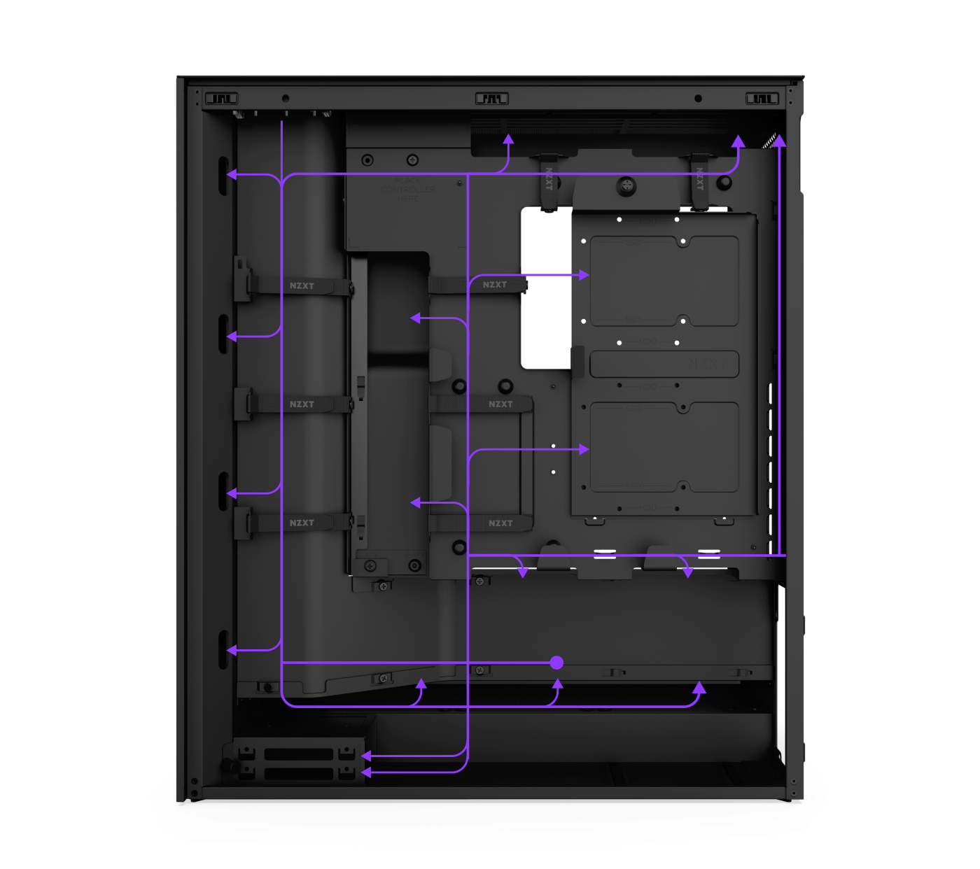 A computer case with purple arrows indicating optimal cable management paths along the inside frame, guiding cables through various routing holes and channels for organized assembly.