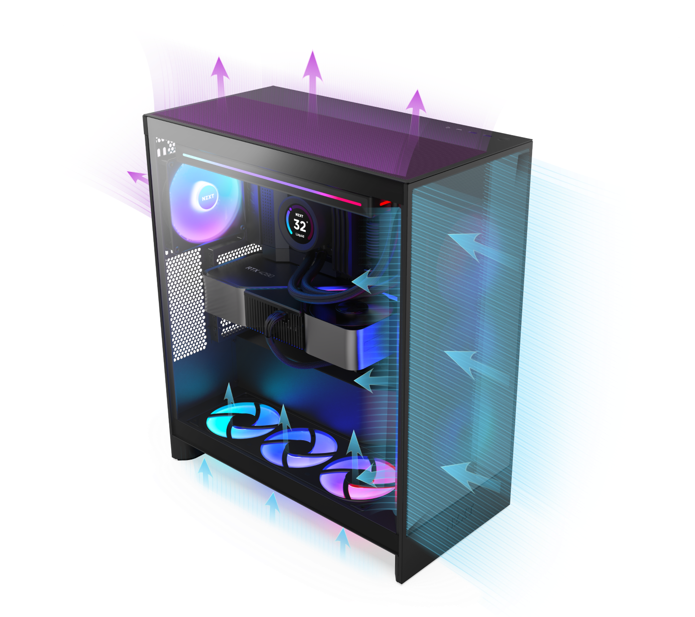 A modern desktop PC with RGB lighting shows airflow: cool blue air enters from the front and bottom, and warm purple air exits from the top and back, highlighting efficient cooling inside the transparent case.
