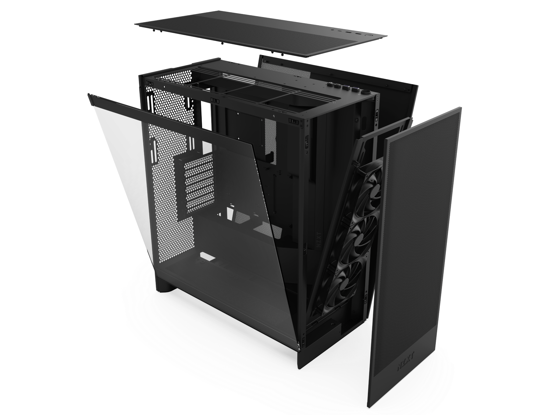 An exploded view of a black computer case showing removable panels, frame, mesh front, three cooling fans, and internal compartments on a white background.