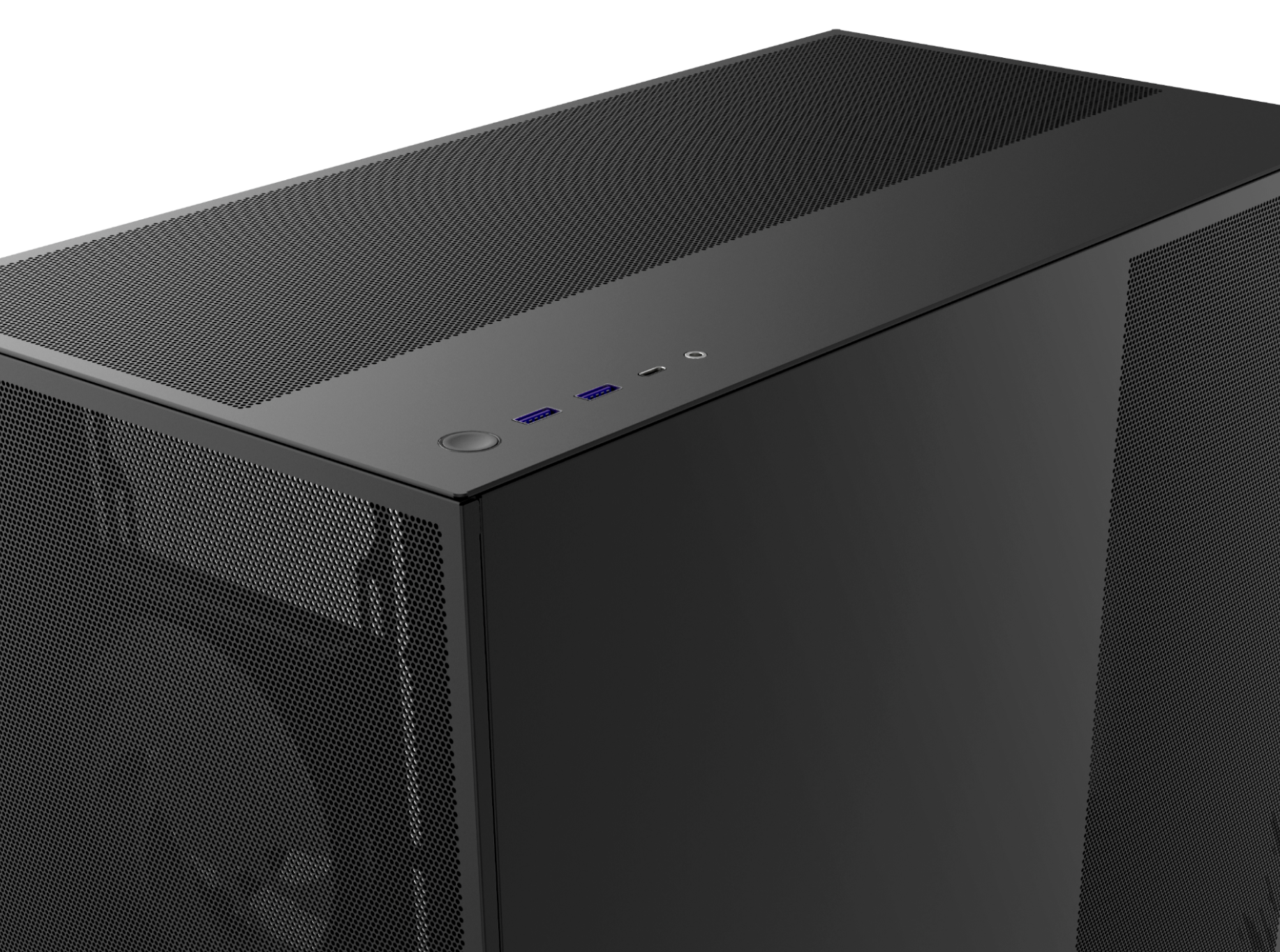 A close-up of a sleek black computer case with a mesh front panel, showing power button, two USB ports, a headphone jack, and part of an internal cooling fan.
