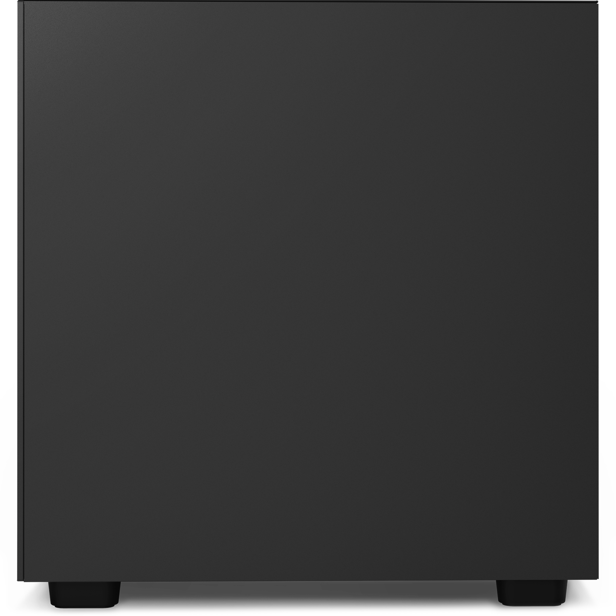 The NZXT H7 Flow RGB (2023) is a black, rectangular computer case with a smooth side panel, viewed from the side, standing on four small feet and providing excellent thermal performance.