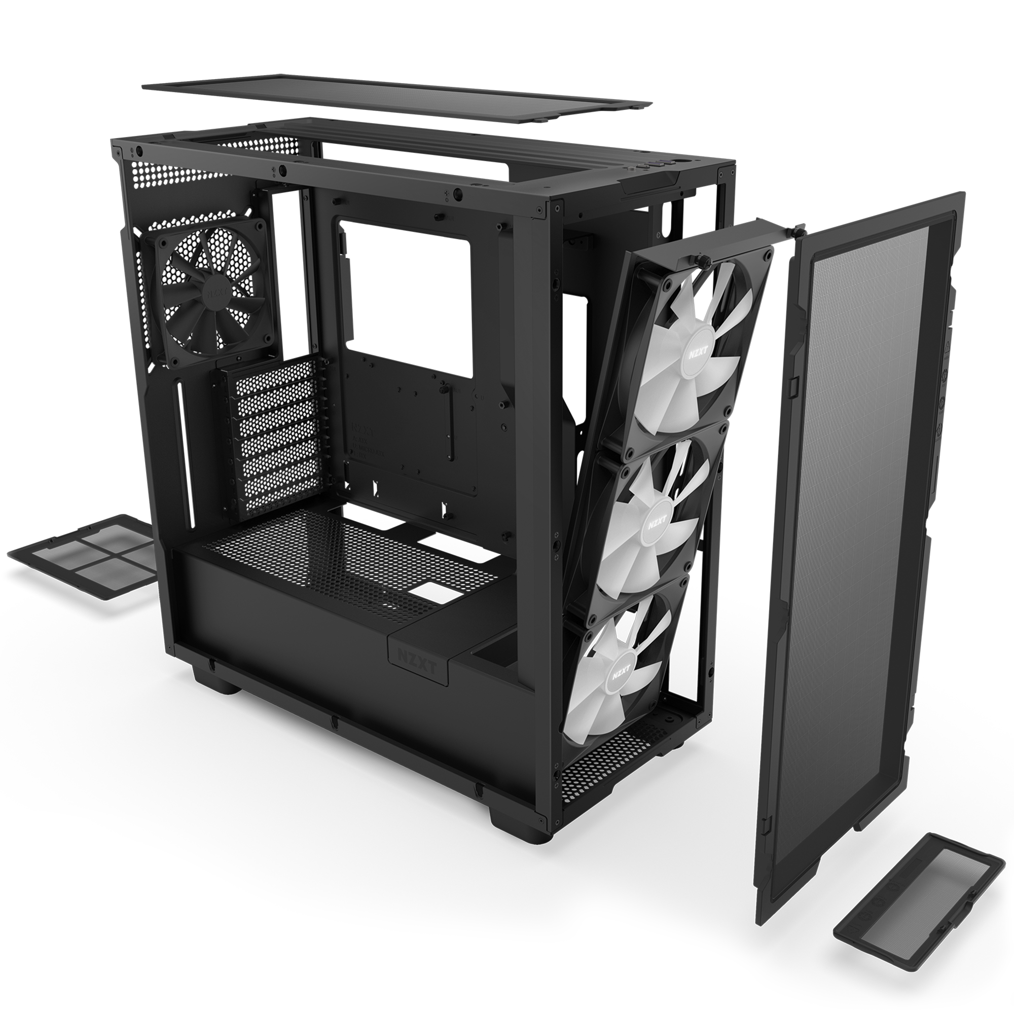 The NZXT H7 Flow RGB (2023) is a black case with the front panel removed, displaying three white RGB Core fans in front, one at the rear, visible internal compartments, vertical GPU mounting support, and dust filters for better thermal performance.