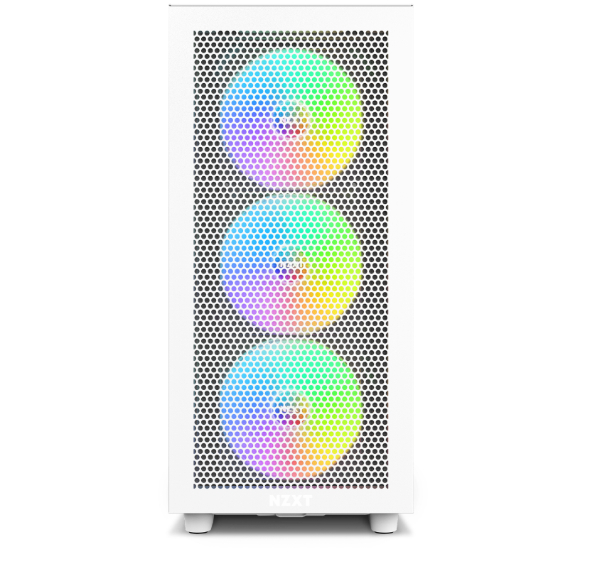 A white computer case with a mesh front panel, displaying three circular RGB fans glowing with multiple colors in a vertical arrangement.