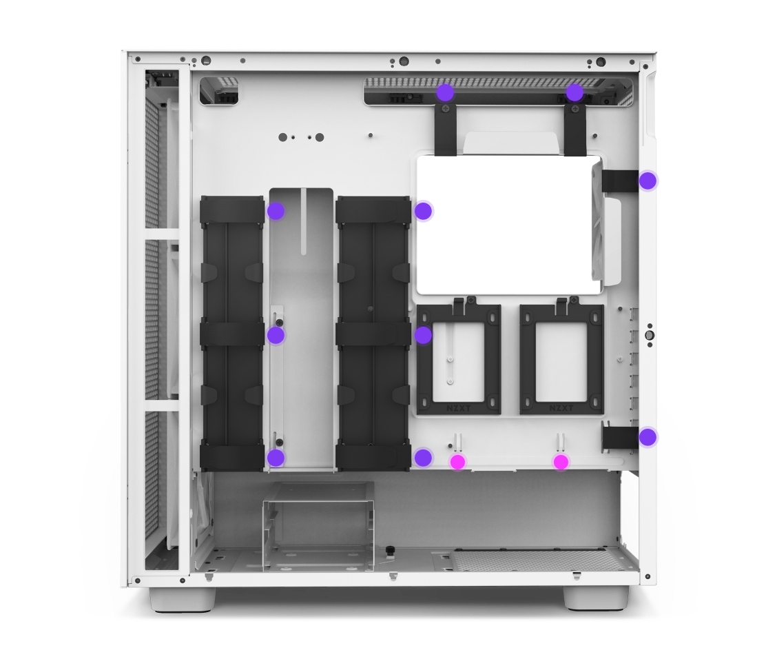 A white computer case with black mounting brackets and trays visible inside. Purple and pink dots mark various attachment points for hardware components, such as drives and cable management.