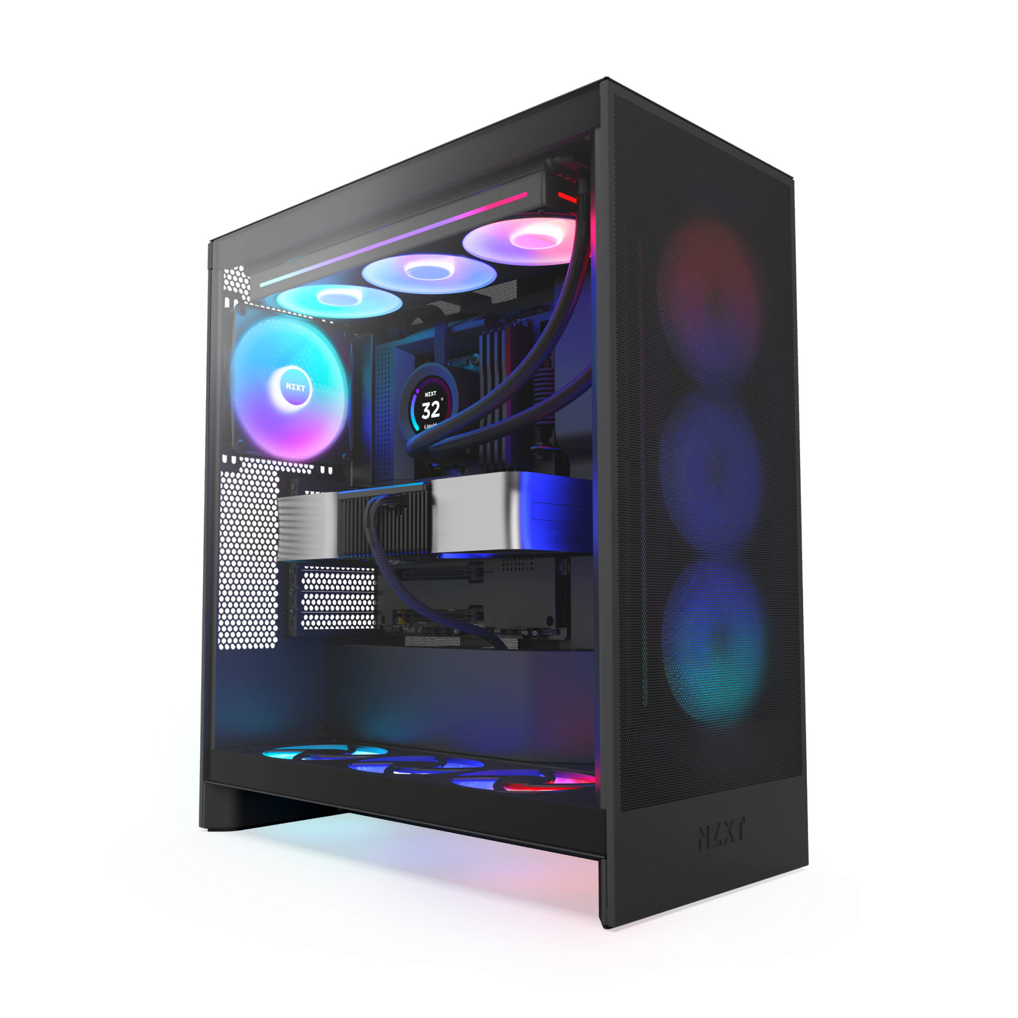 The NZXT H7 Flow RGB is a black gaming PC case featuring high-performance mesh panels, colorful RGB lighting, visible cooling fans, and components like a graphics card, motherboard, and liquid cooling—all illuminated with LED lights.