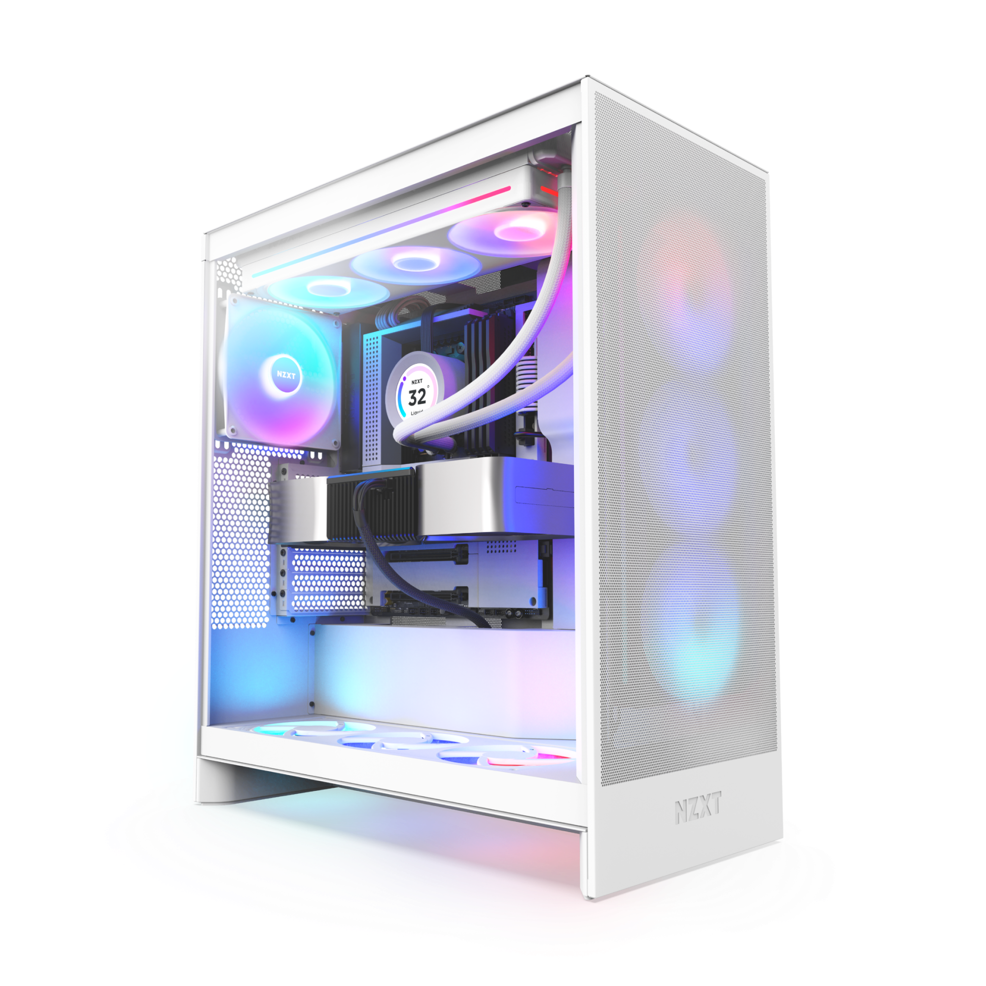 The NZXT H7 Flow RGB is a white gaming PC case featuring RGB lighting, GPU cooling, and visible fans. Its clear side panel displays illuminated components in blue, pink, and purple for a bold look.