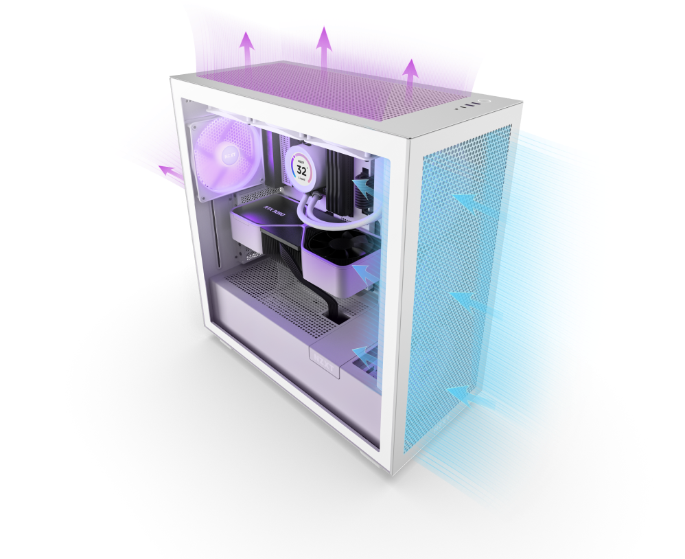 A white desktop PC case with internal components visible, showing airflow paths in blue and purple arrows moving through mesh panels for cooling; a glowing cooling fan is installed at the rear.