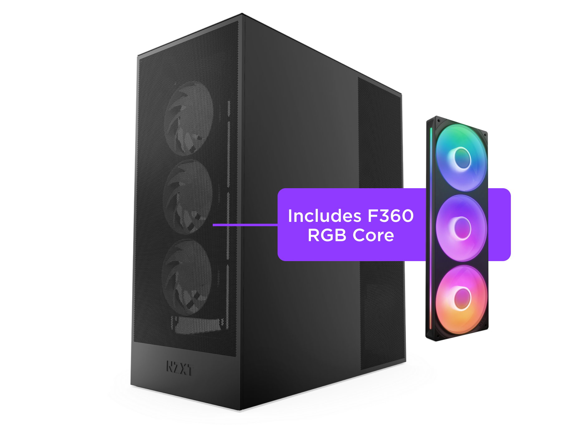 A black NZXT computer case with three front fans, next to a separate F360 RGB Core fan unit displaying colorful LED lighting. A label points to the fan unit, stating Includes F360 RGB Core.