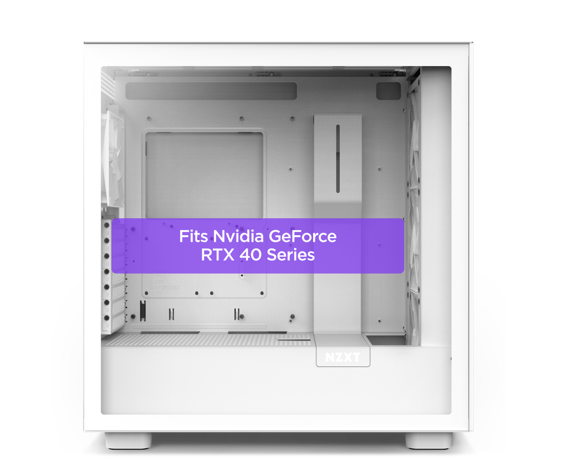 A white NZXT PC case with a transparent side panel displays a purple label in the center reading Fits Nvidia GeForce RTX 40 Series. The case interior is empty, showing mounting spaces and cable management features.