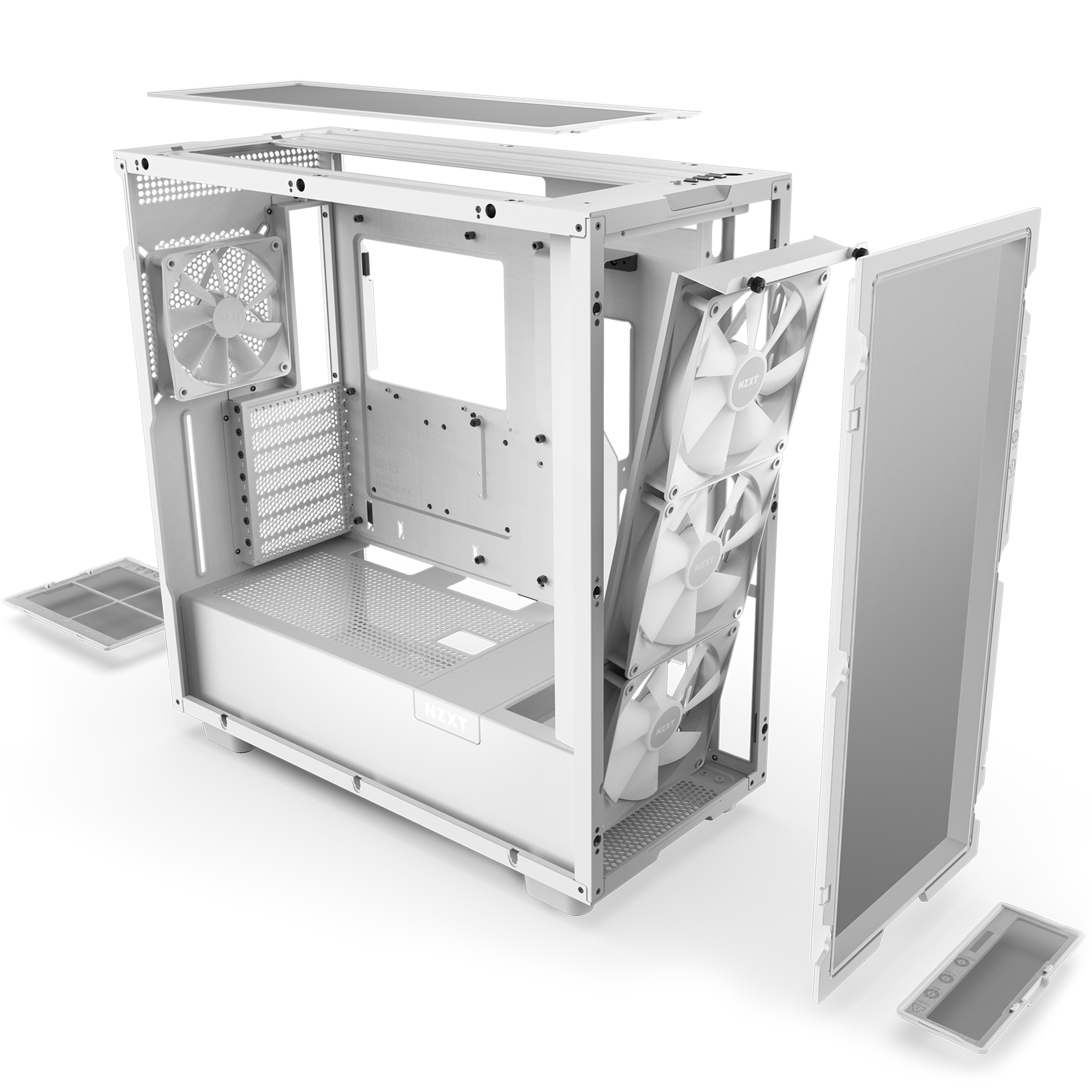 The NZXT H7 Flow RGB (2023), shown with its front panel off, features three front RGB Core fans, a rear fan, open interior for components, and mesh dust filter and removable panels nearby for easy access and improved airflow.
