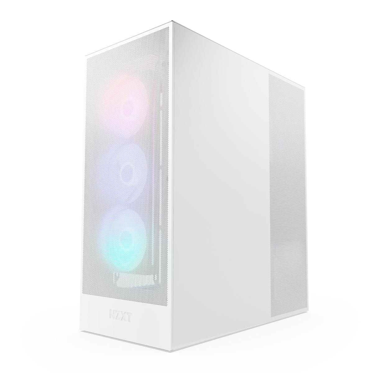 NZXT H7 Flow RGB white, angled view with fans lit