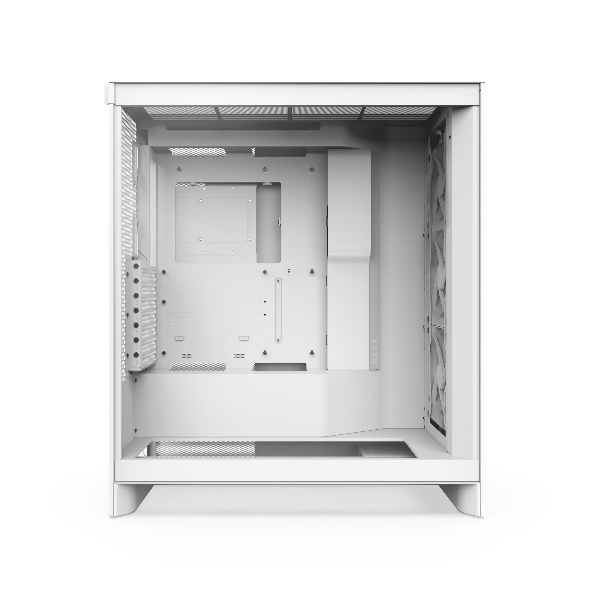 The NZXT H7 Flow is a white mid-tower PC case shown from the side, featuring high-performance mesh panels, pre-installed front fans, cable management cutouts, and ample mounting points for computer components.