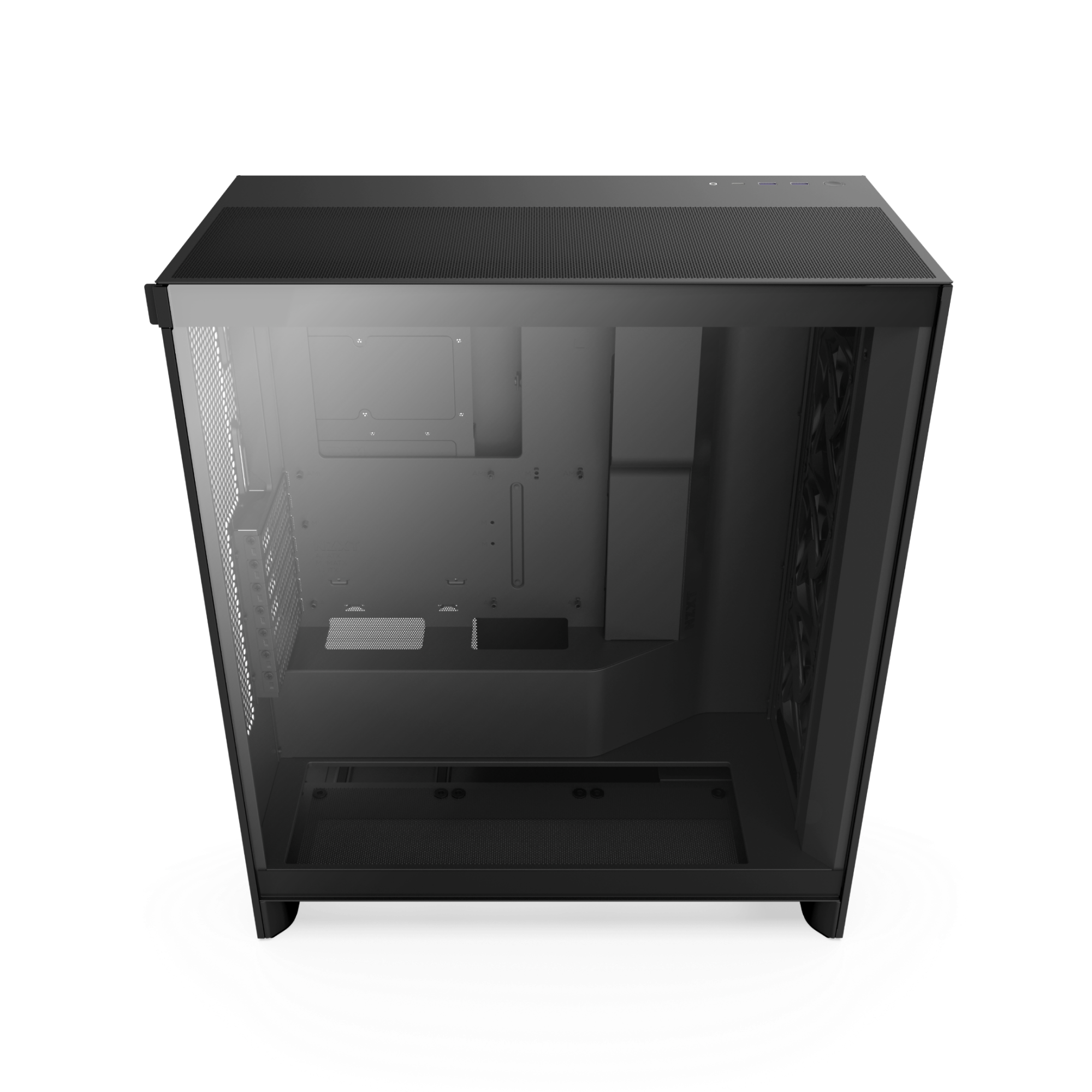 The NZXT H7 Flow, a black mid-tower PC case with a transparent side panel, features high-performance mesh panels for optimal airflow and GPU cooling. Its internal compartments and cable management are visible while it stands on a white surface.