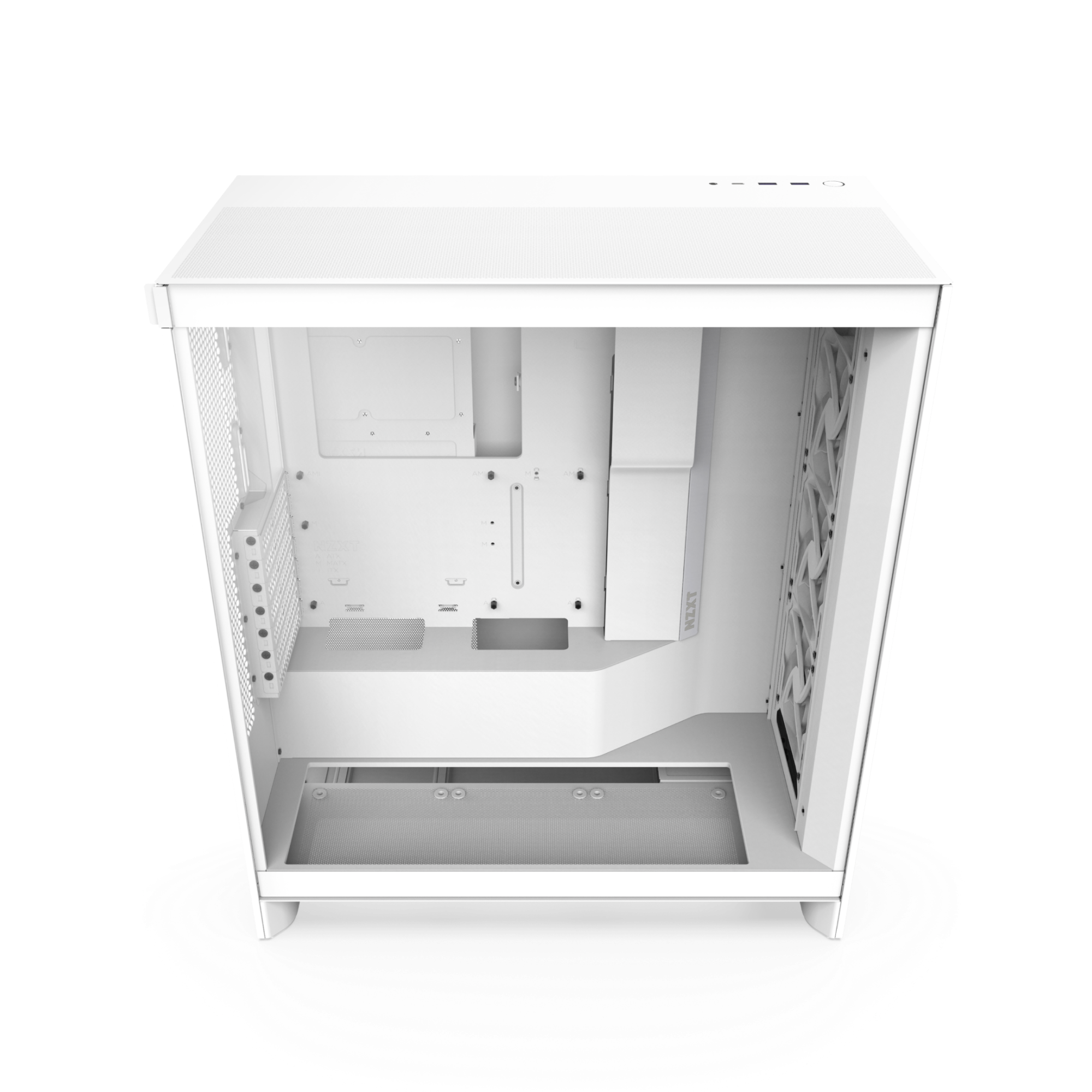 The NZXT H7 Flow is a white, empty mid-tower case viewed from above, featuring internal compartments, cable management cutouts, and component mounts. Its front panel has vent openings and buttons designed to enhance GPU cooling.