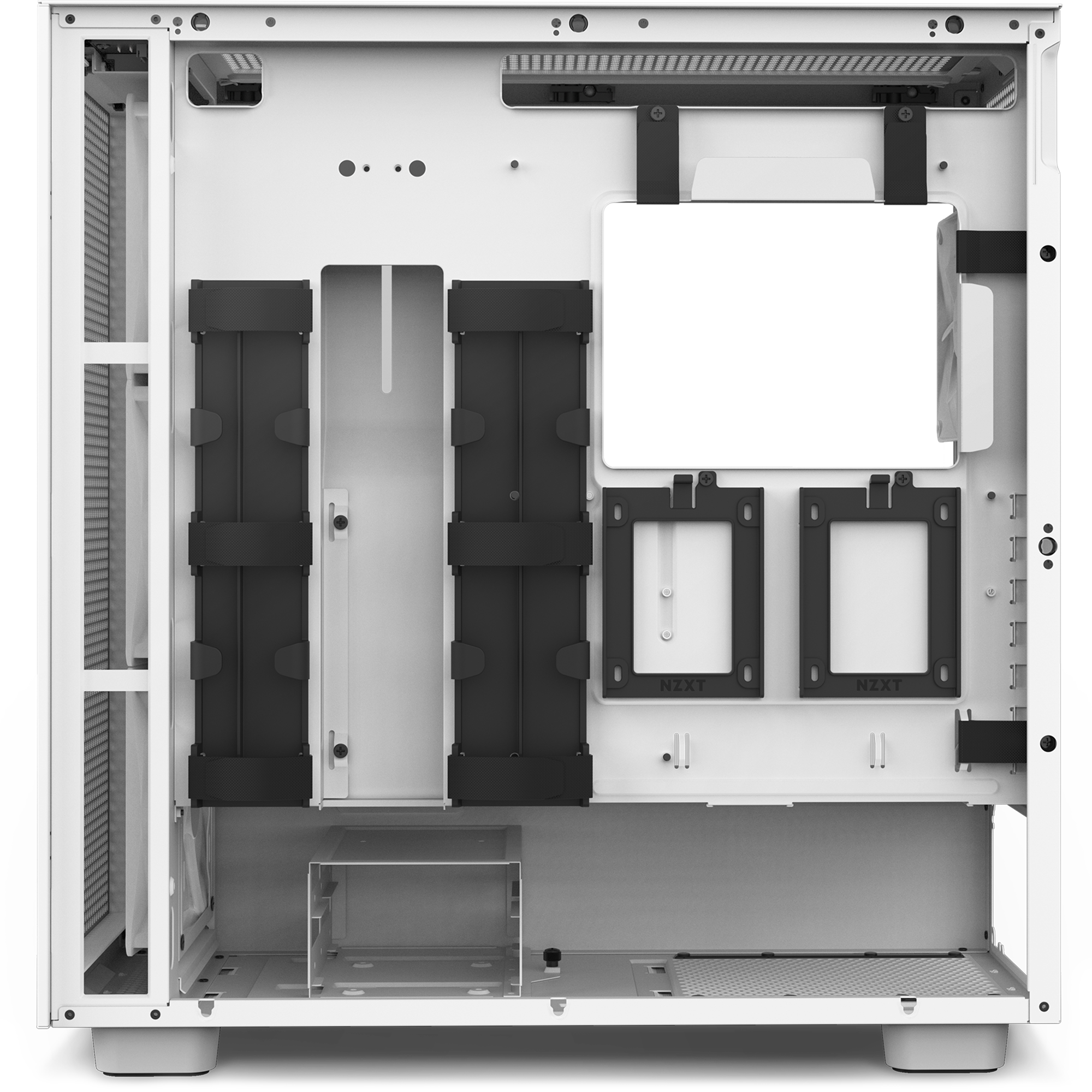 Interior view of the NZXT H7 Flow RGB (2023) case featuring mounting brackets, cable management straps, drive bays, and compartments designed for optimal airflow and optional vertical GPU installation.