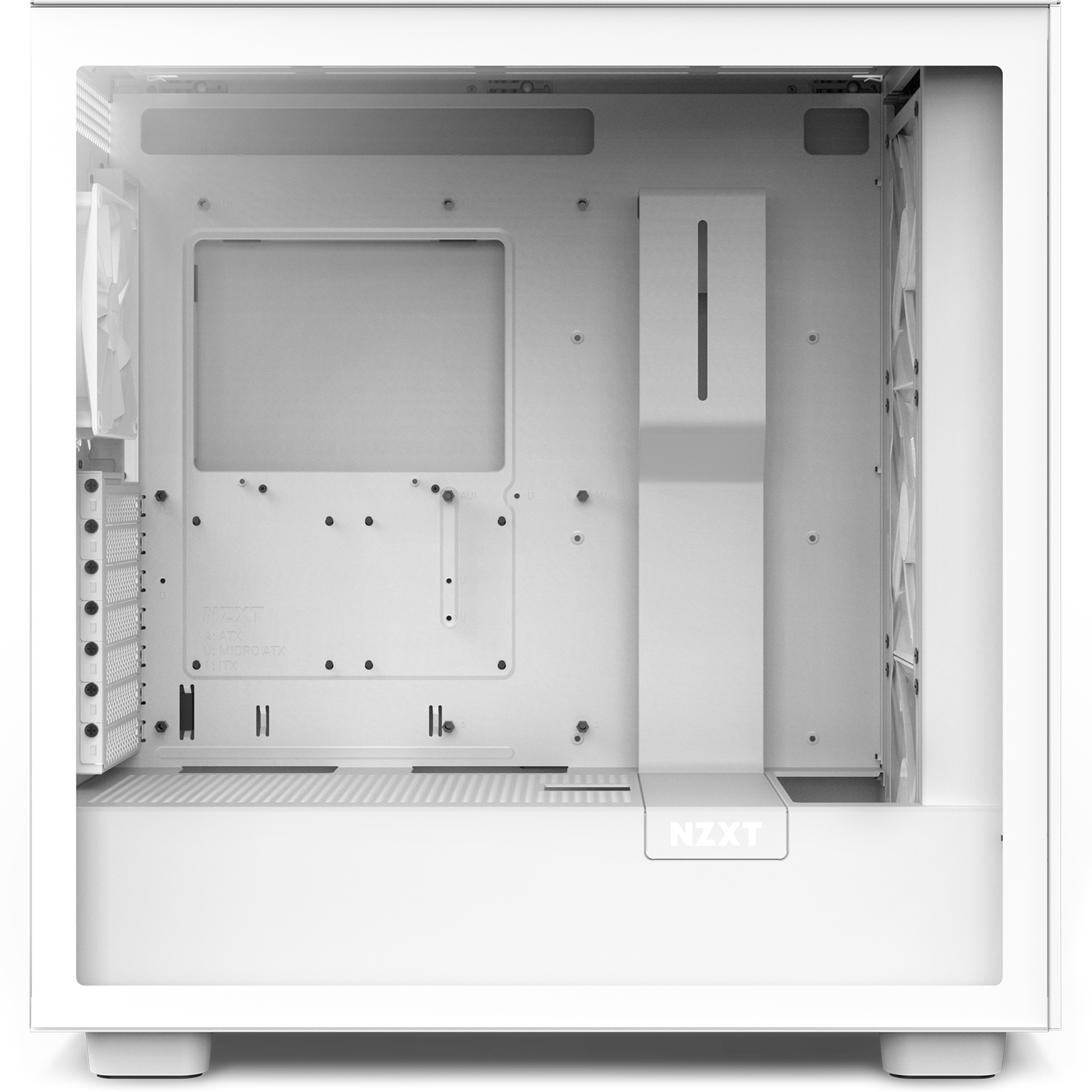 The NZXT Refurbished Custom Build - #8629 is a white case with a transparent side panel, ideal for refurbished or prebuilt PCs. It features an empty interior with versatile mounting points and advanced cable management.