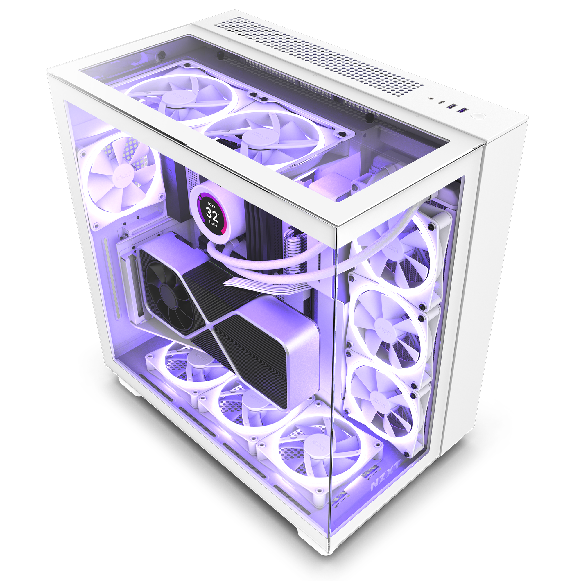 The NZXT H9 Elite is a white gaming PC case with a tempered glass side panel, featuring multiple white cooling fans, a graphics card, and an LCD CPU cooler, all lit by purple LEDs.