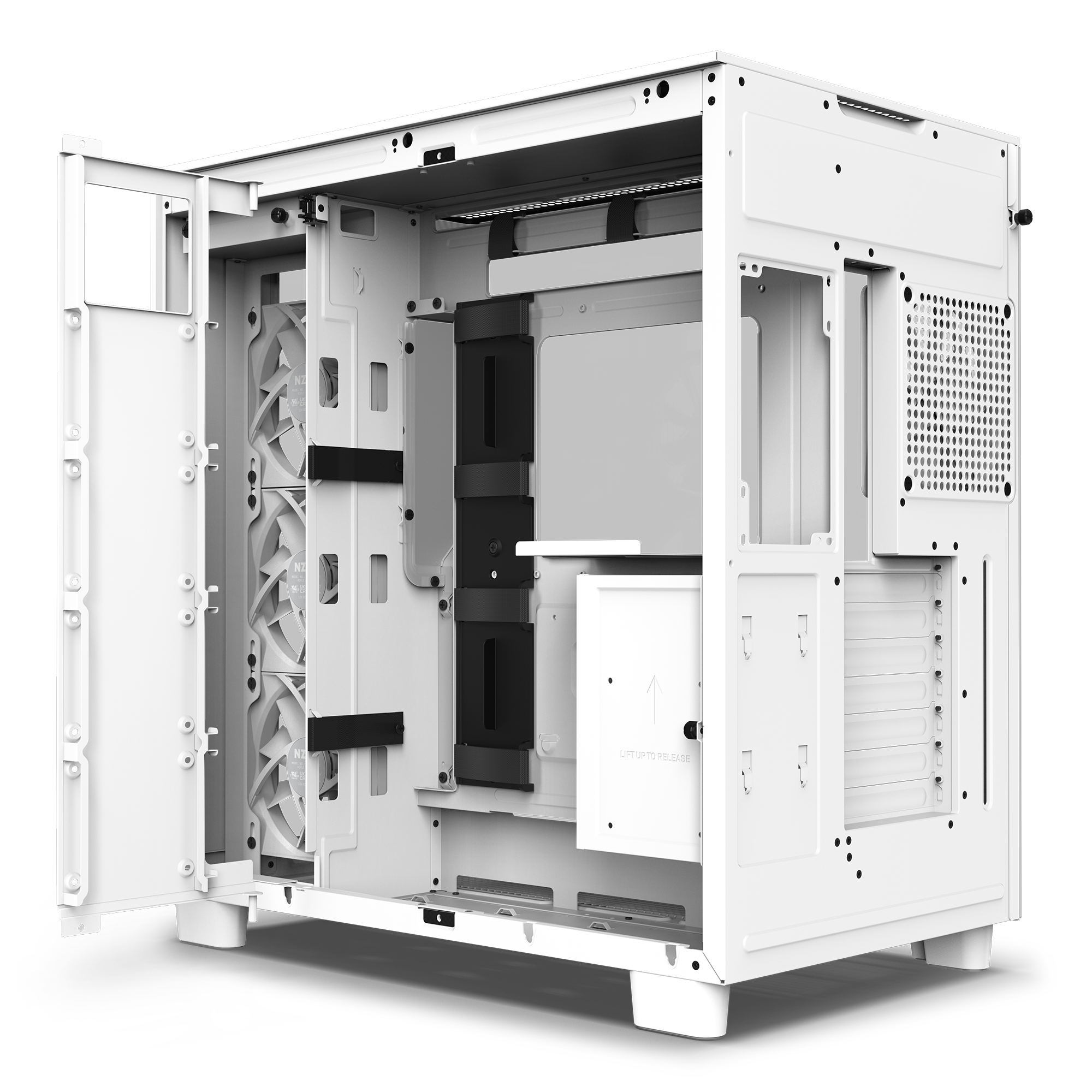 The NZXT H9 Flow (2023) computer case is shown open and empty, featuring multiple fan mounts, drive bays, and compartments for optimal GPU cooling and advanced thermal performance.