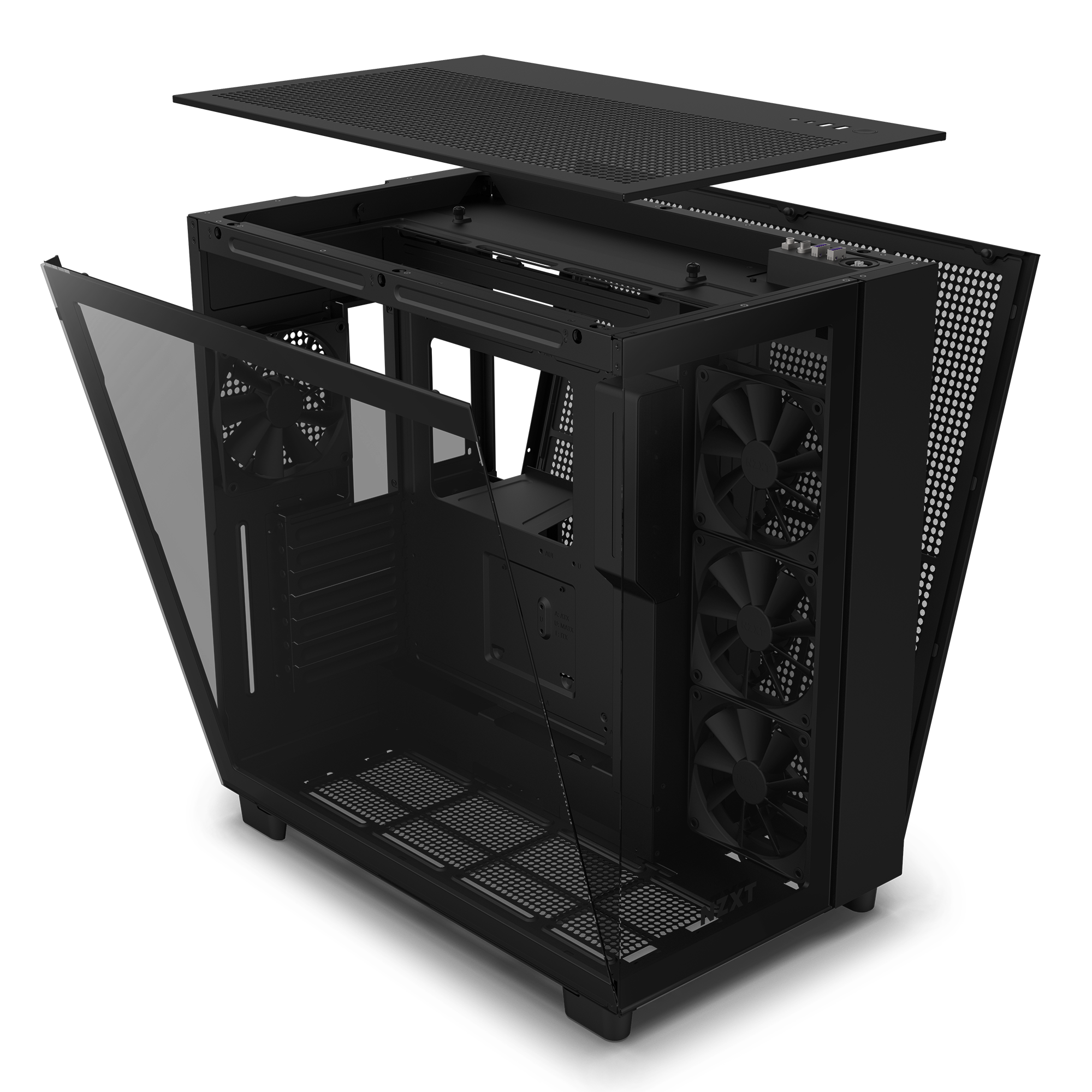 The NZXT H9 Flow (2023) computer case in black is shown with its glass side panel open and top panel removed, highlighting its cooling fans, empty component slots, and design optimized for superior GPU cooling.