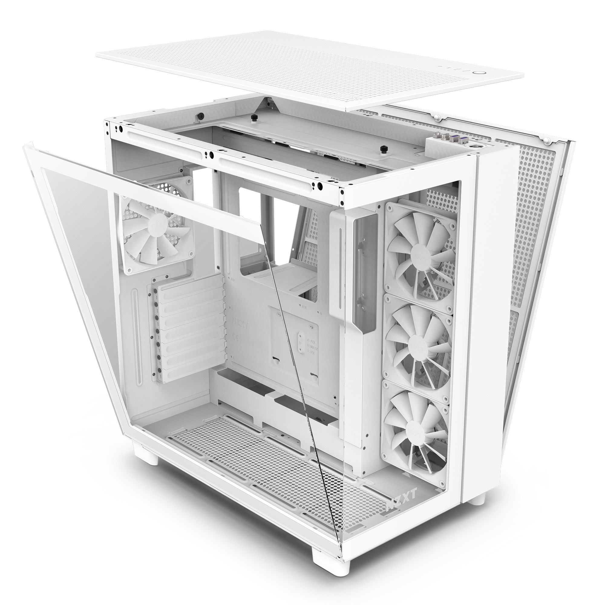 The NZXT H9 Flow (2023) is a white computer case with open side and top panels, revealing multiple cooling fans and a spacious interior designed for superior thermal performance and efficient GPU cooling.