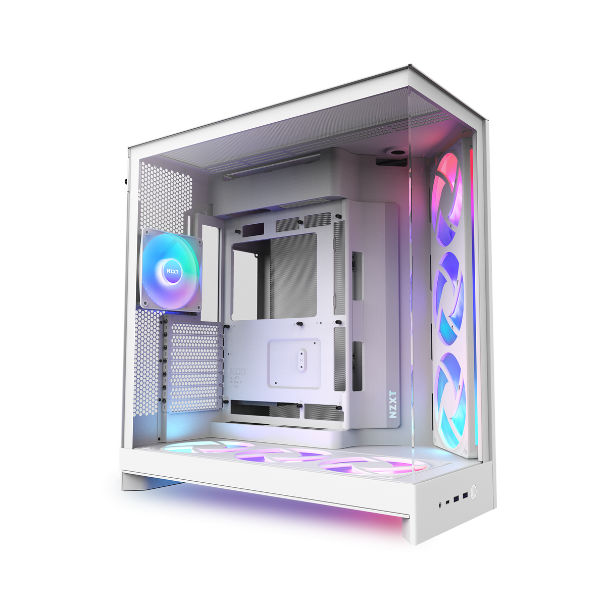 NZXT H9 Flow RGB+ case in white, RGB lighting on, angled view