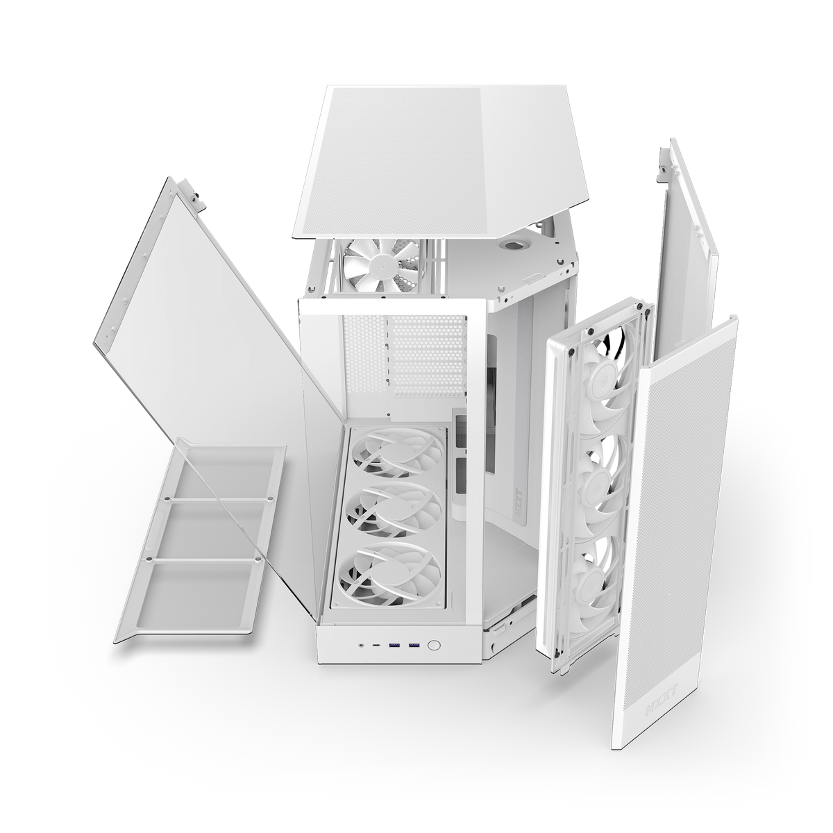NZXT H9 Flow RGB+ case in white, exploded view of panels