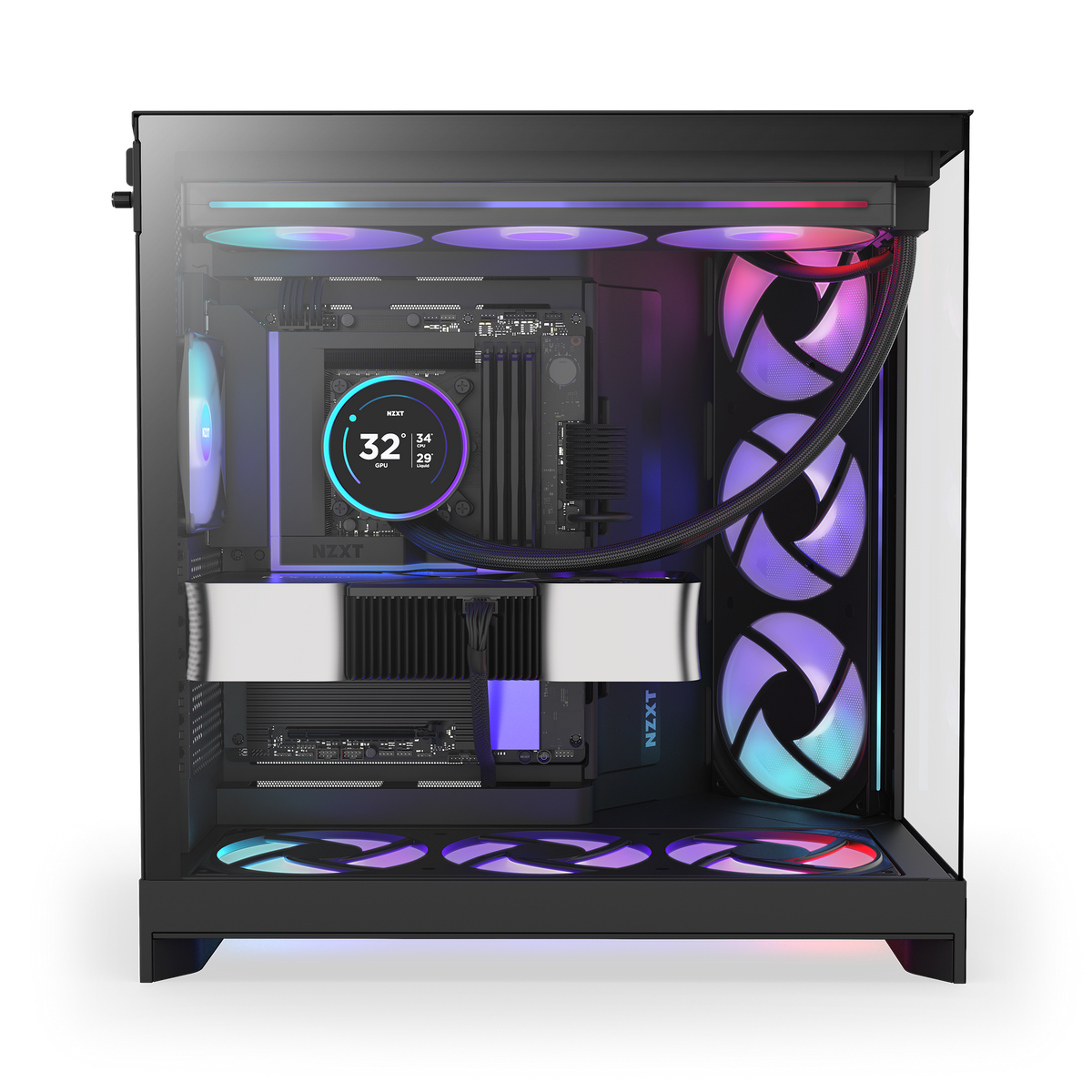 NZXT H9 Flow RGB+ case in black with a completed PC build inside