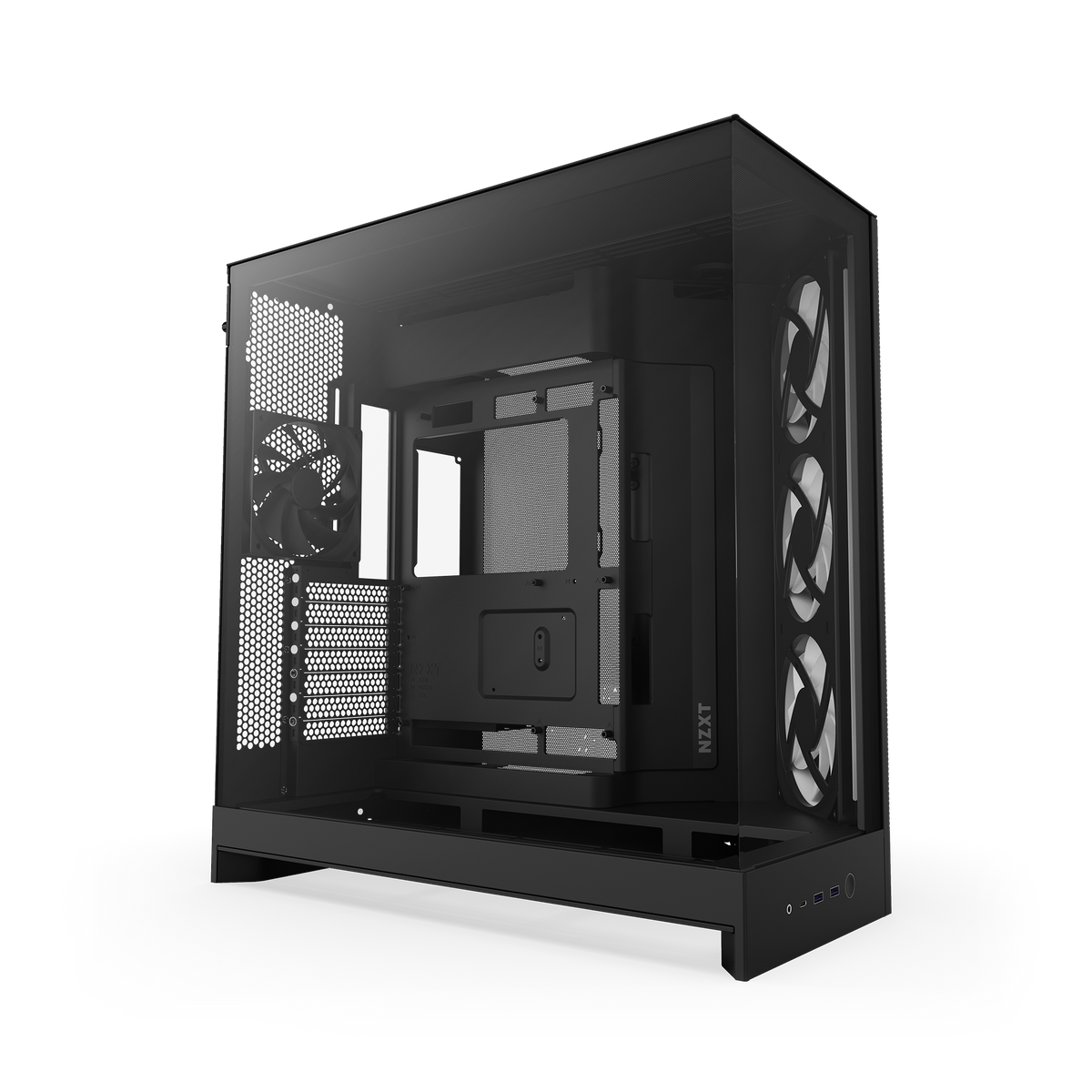 NZXT H9 Flow RGB case in black with lighting off, angled view