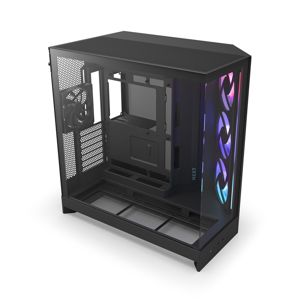 NZXT H9 Flow RGB case in black, three-quarter view with RGB fans lit