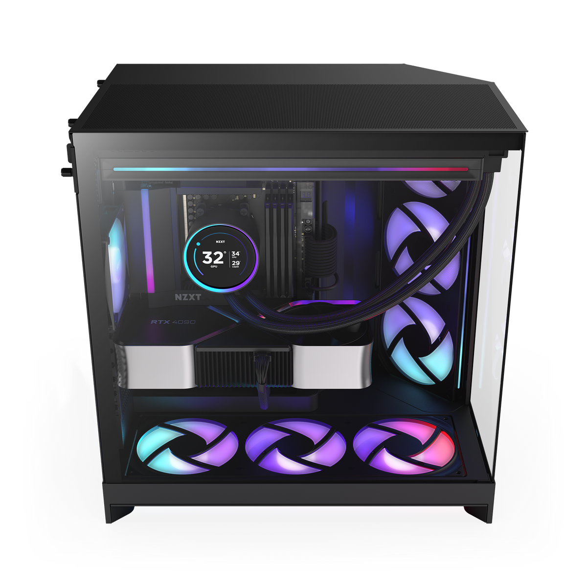 NZXT H9 Flow RGB case in black with a completed PC build, angled view