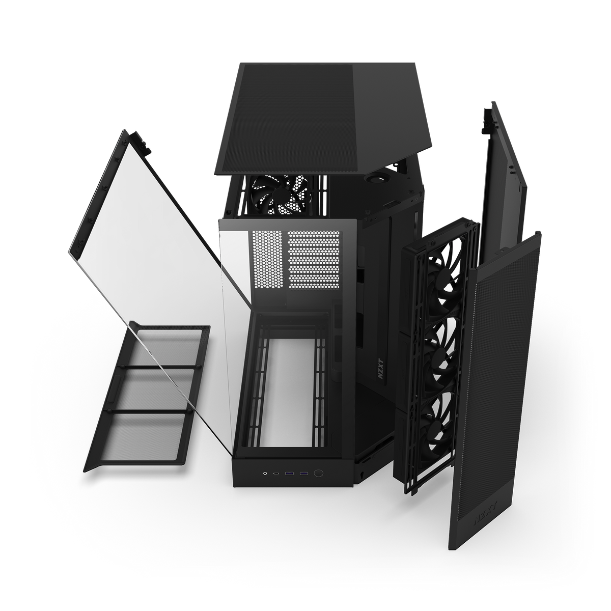 NZXT H9 Flow case in black, exploded view of panels