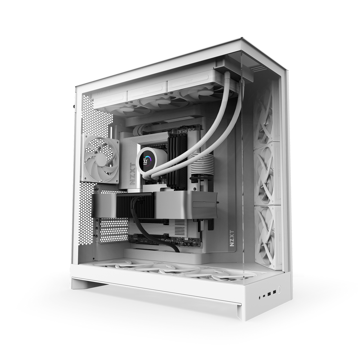 NZXT H9 Flow case in white with a completed PC build, hero view