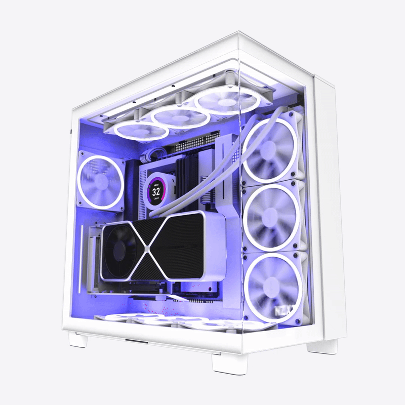 A white gaming PC case with transparent side panel displays internal components, including multiple RGB-lit cooling fans, a large graphics card, and glowing accents, all illuminated with purple and white lighting.