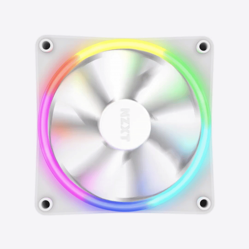 A computer cooling fan with RGB LED lighting displays a colorful circular pattern, featuring shades of yellow, green, blue, pink, and red. The fan is branded with NZXT in the center.
