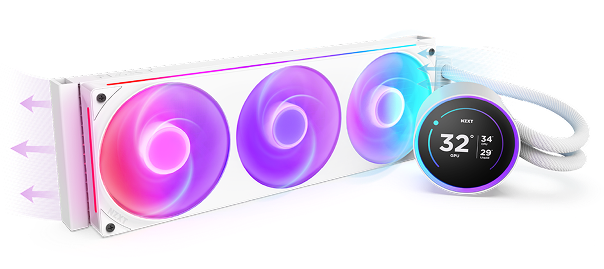 A liquid CPU cooler with three RGB fans and a circular digital display showing a temperature of 32°C. The cooler has white tubing and emits colorful lighting effects.