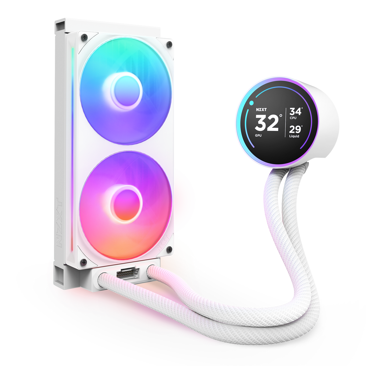 NZXT Kraken Elite 240 RGB white, mounted vertically to show the radiator and braided tubing