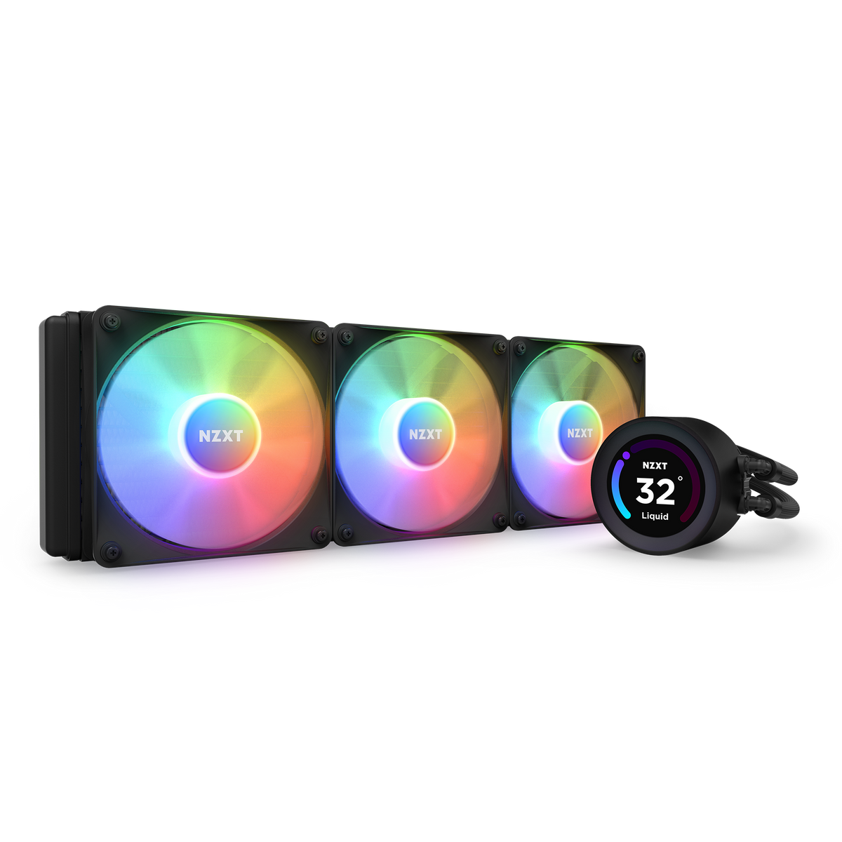 NZXT Kraken Elite 360 RGB black, angled view with RGB fans lit