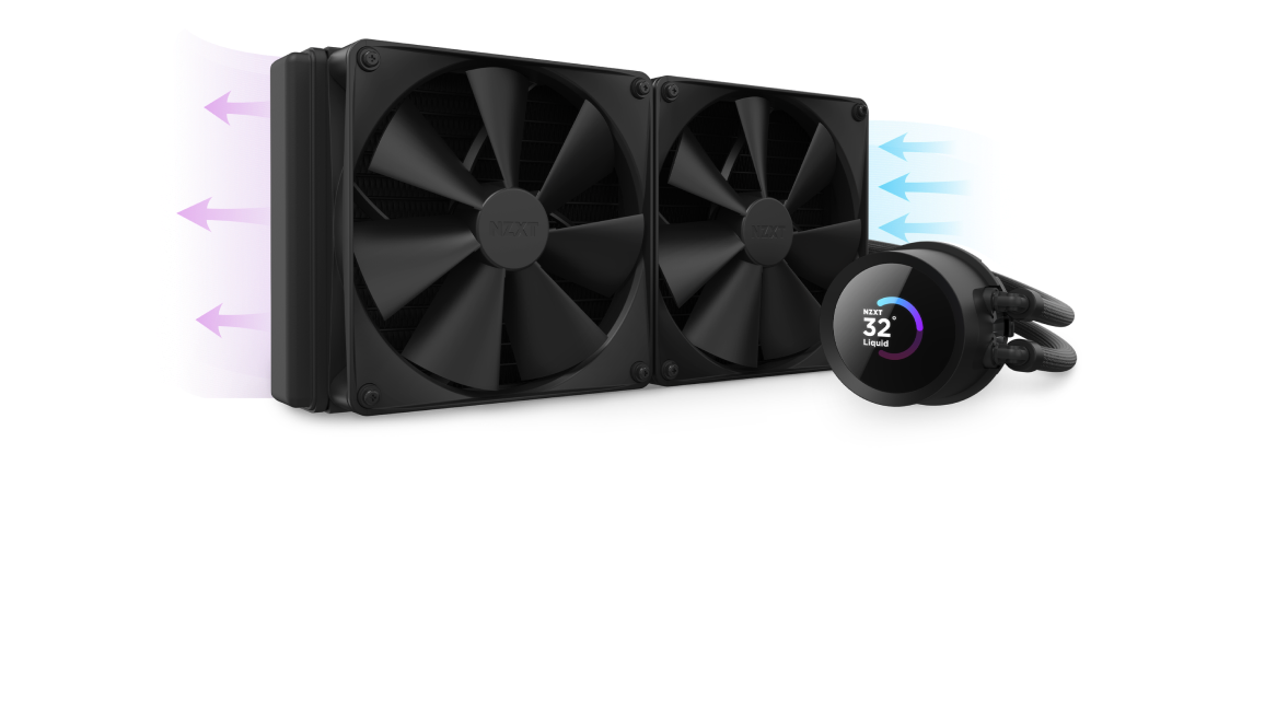 A black dual-fan computer liquid cooling system with digital display on the pump; arrows indicate cool air entering and warm air exiting through the radiator.