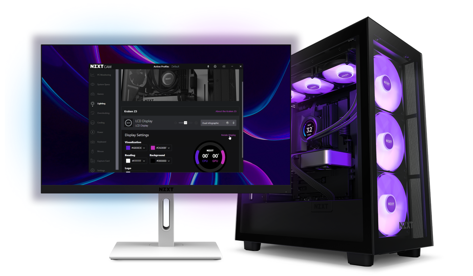 A monitor displaying the NZXT CAM software is positioned next to a black NZXT computer case with multiple purple-lit cooling fans inside. Both are set against a blue and purple gradient background.