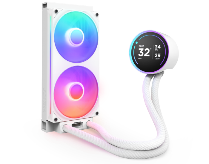 A white liquid CPU cooler with two RGB fans and a round digital display showing CPU and GPU temperatures. The braided tubes connect the display to the radiator.