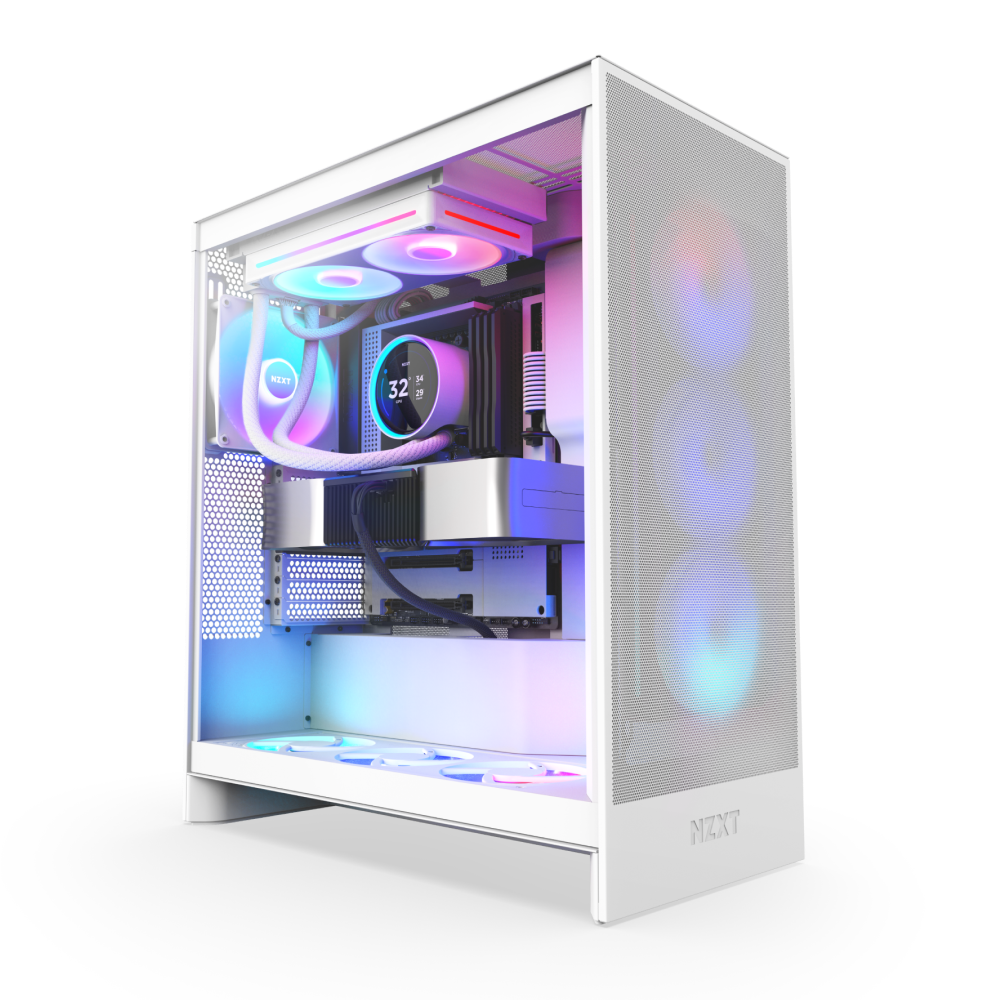 A white NZXT case features RGB lighting, a Kraken Elite 240 RGB liquid cooler, an NZXT Turbine pump, and blue, purple, and pink fans. The transparent side panel shows off components and a temperature display inside.