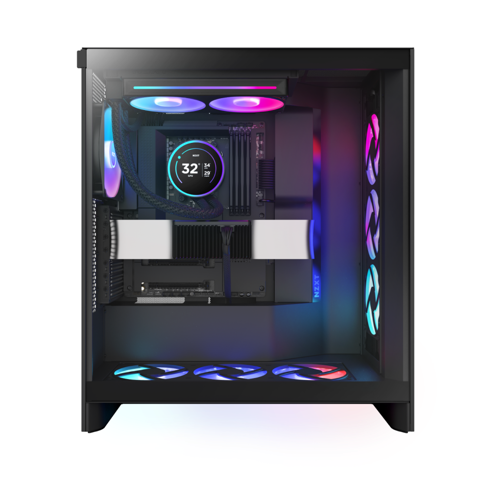 A modern desktop gaming PC featuring NZXTs Kraken Elite 240 RGB cooler displaying 32°C, RGB lighting, visible cooling fans, tidy cable management, and a black case with a transparent side panel.
