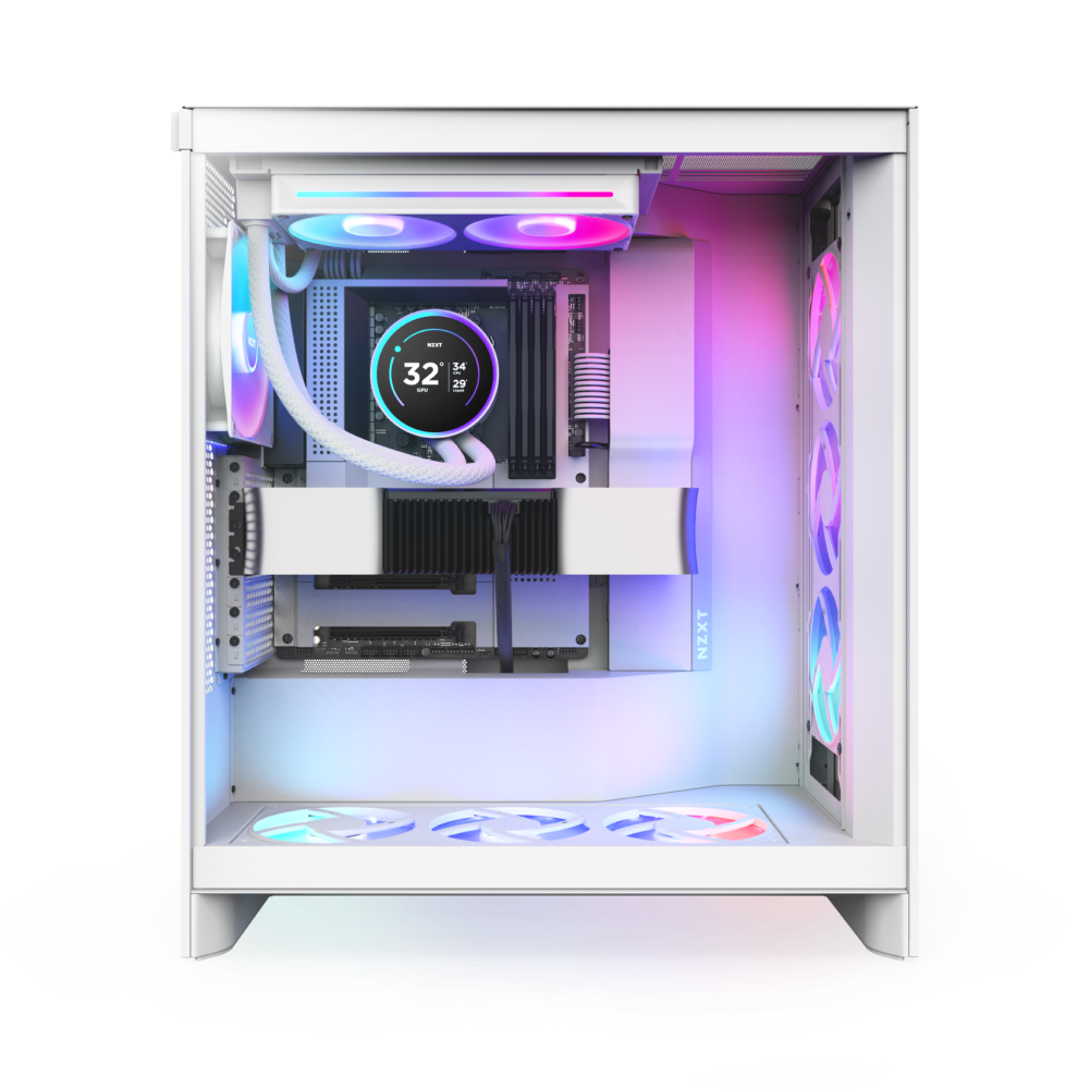 A white gaming PC case with a transparent side panel shows RGB-lit fans, a digital display at 32°C, tidy internals with customizable RGB lighting, and the powerful NZXT Kraken Elite 240 RGB pump.