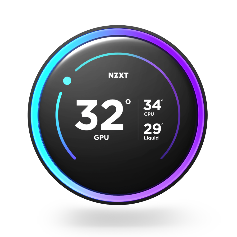 The NZXT Kraken Elite 240 RGB shows a digital circular display with GPU at 32°C, CPU at 34°C, and liquid at 29°C. Vibrant blue and purple RGB lighting forms a ring around the edge, with NZXT branding at the top.