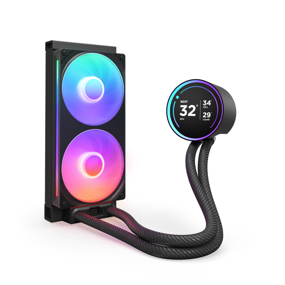 The NZXT Kraken Elite 240 RGB is a liquid CPU cooler with two RGB fans, a circular digital temperature display, braided cables, and an NZXT Turbine pump for high performance—part of the advanced Kraken Elite series.