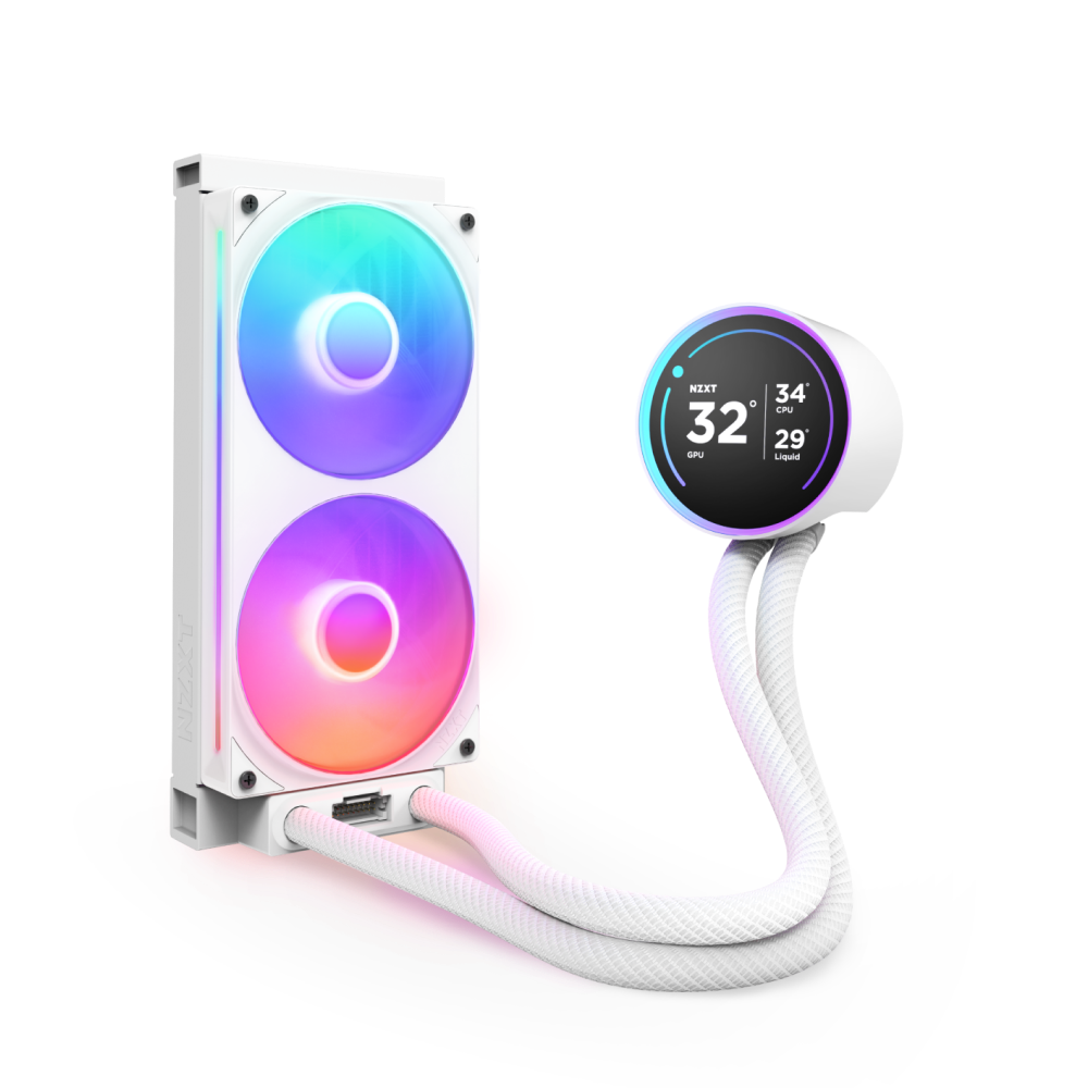 The NZXT Kraken Elite 240 RGB is a white liquid CPU cooler with two RGB fans, a round digital display for temps, and braided white tubes powered by the NZXT Turbine pump.
